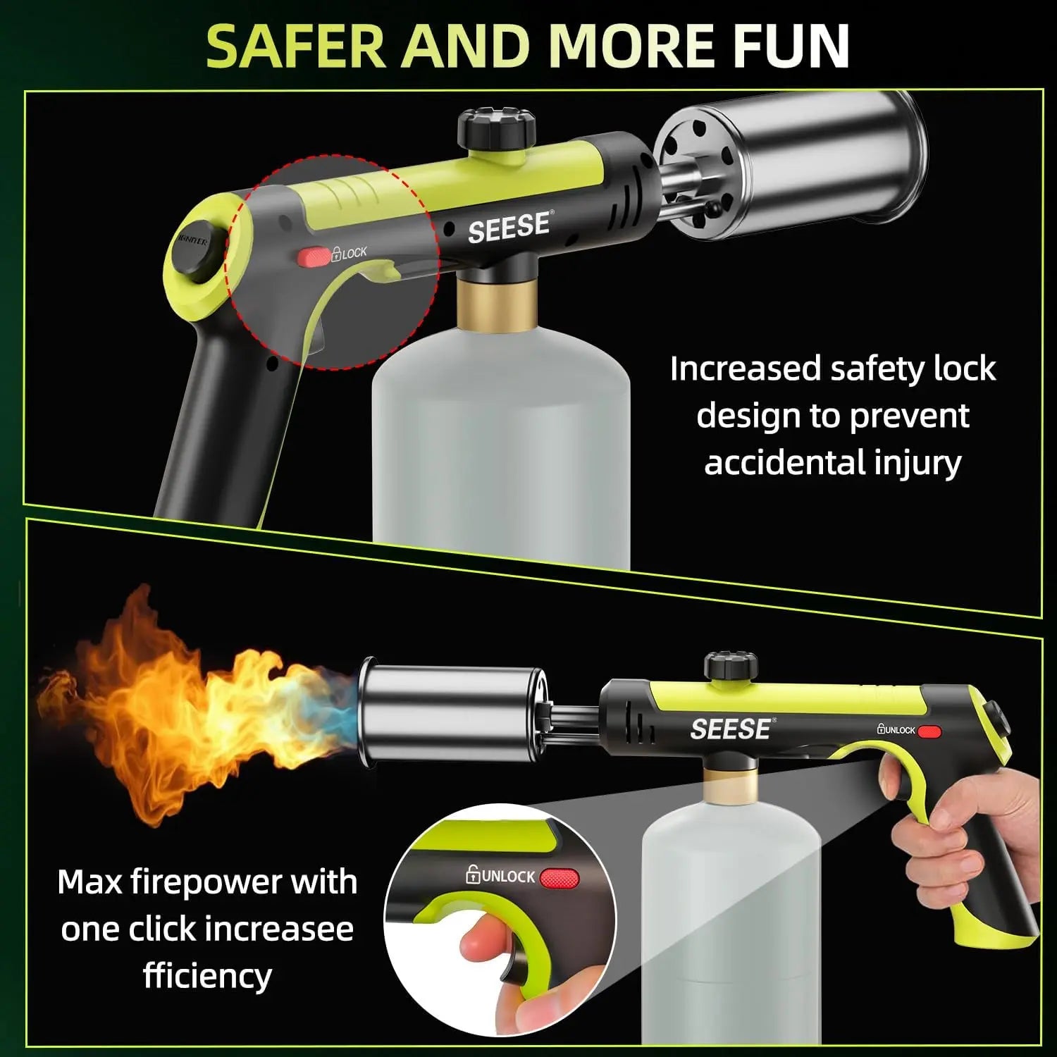 【Dealsforyoudays】Seese Powerful Propane Torch(Propane Tank Not Included),With One-Touch Max Fire Button and Safety Lock, Adjustable Blow Torch for Sous Vide Searing Steak, Bbq,Fireplace,Charcoal Wood